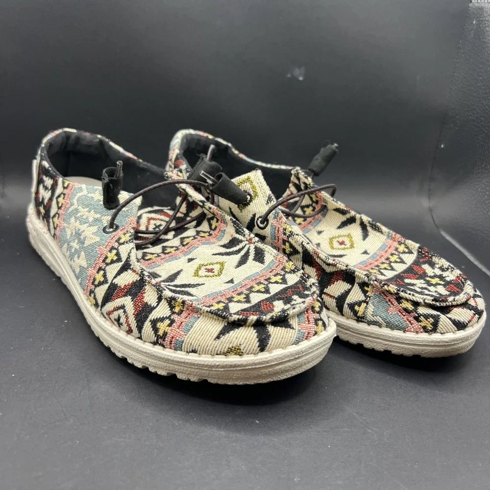 Size 8 - Hey Dude Wendy Woven Black Aztec Women's Slip On Loafers Boat Shoes